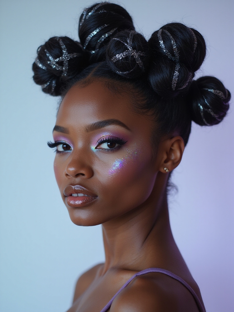 funky space buns hairstyle