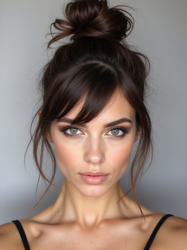 messy bun with fringe